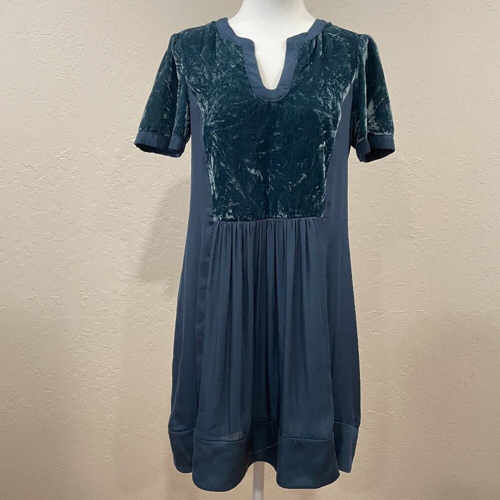 ~ Anthropologie Maeve XS P Tunic Teal Top Lined Pleated V-neck Velvet Flowy